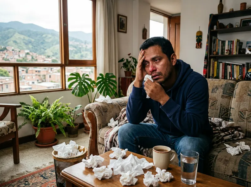 Un hombre joven colombiano de unos 28 años en su sala en Medellín, rodeado de pañuelos desechables, con la nariz roja y expresión de frustración por un resfriado eterno.