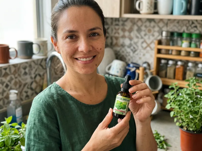 Una mujer colombiana de unos 32 años en una cocina moderna en Medellín, sosteniendo el frasco de aceite de orégano y sonriendo a la cámara, foto de celular.