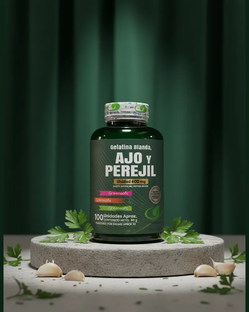 Ajo y perejil en cápsulas sobre una piedra en un estudio verde, con sus ingredientes