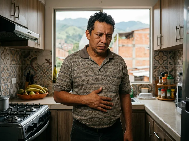 Hombre colombiano de unos 40 años en su cocina, con una mano en el abdomen inflamado, mirando con desgano un plato de comida.
