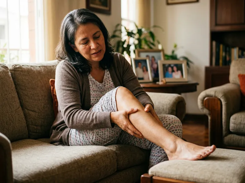 Mujer colombiana de unos 50 años sentada en el sofá de su sala, sobándose las pantorrillas cansadas después de un largo día.