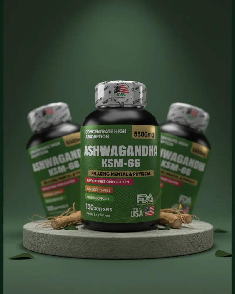 Ashwagandha en cápsulas sobre una piedra en un estudio verde, con sus ingredientes