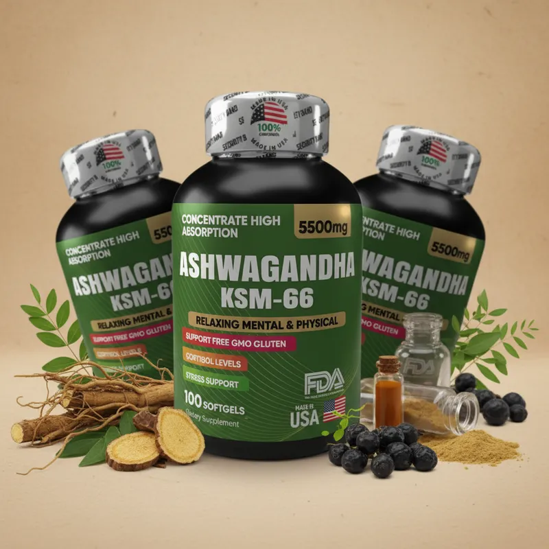 Ashwagandha en cápsulas con sus ingredientes naturales alrededor