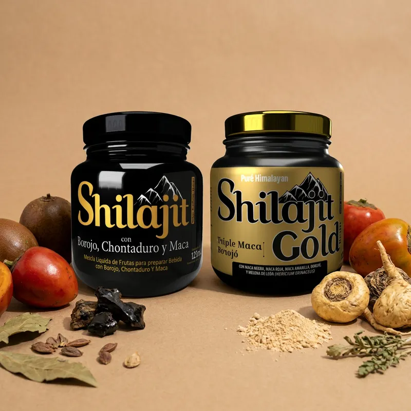 Bebida de borojó y maca con sus ingredientes naturales alrededor