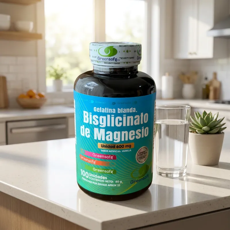 Bisglicinato de magnesio en la cocina de una casa, junto a un vaso de agua