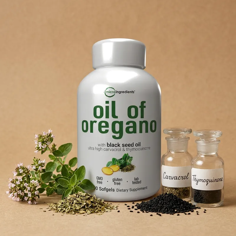 Cápsulas de aceite de orégano con sus ingredientes naturales alrededor