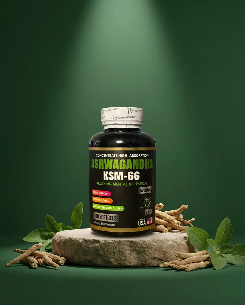 Cápsulas de ashwagandha sobre una piedra en un estudio verde, con sus ingredientes
