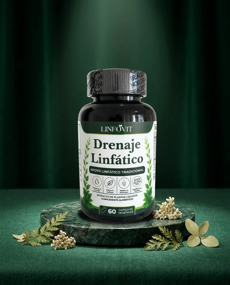 Cápsulas de drenaje linfático sobre una piedra en un estudio verde, con sus ingredientes