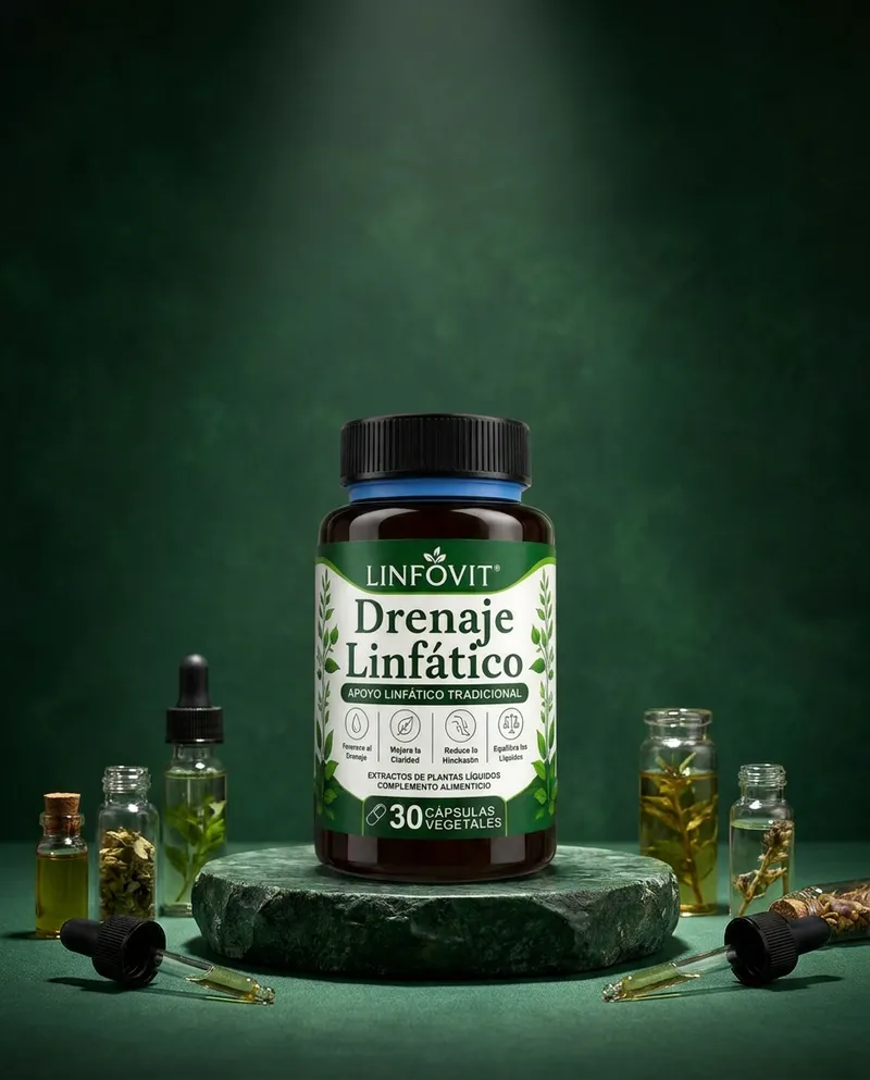 Cápsulas de drenaje linfático sobre una piedra en un estudio verde, con sus ingredientes