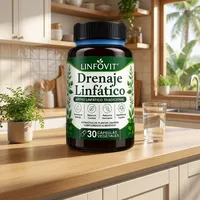 Cápsulas de drenaje linfático en la cocina de una casa, junto a un vaso de agua