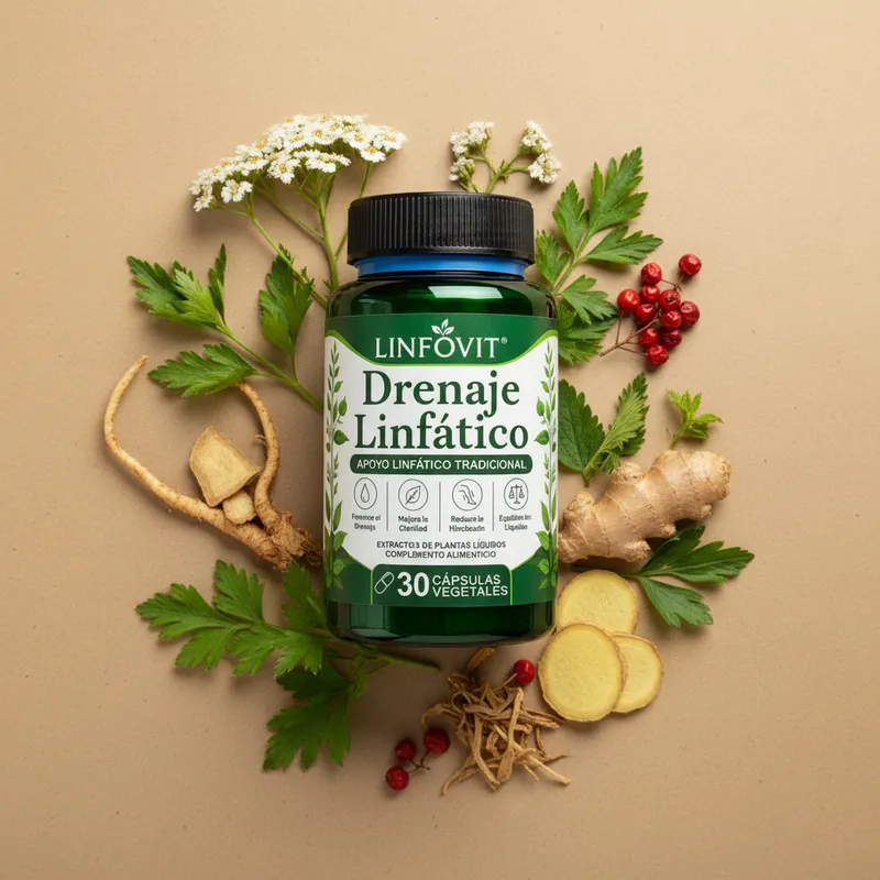 Cápsulas de drenaje linfático con sus ingredientes naturales alrededor