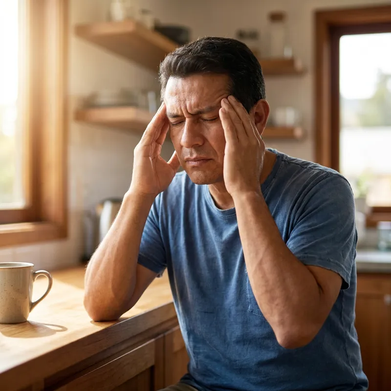 Un hombre colombiano de unos 45 años en su cocina, frotándose las sienes con los ojos cerrados, tratando de concentrarse.