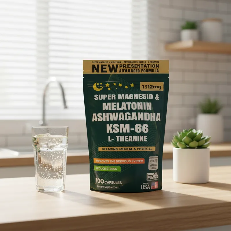Cápsulas de magnesio y melatonina en la cocina de una casa, junto a un vaso de agua