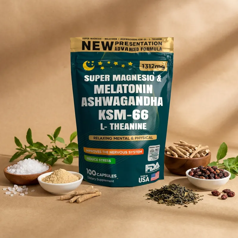 Cápsulas de magnesio y melatonina con sus ingredientes naturales alrededor