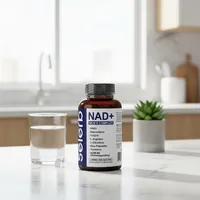 Cápsulas de NAD+ para hombres en la cocina de una casa, junto a un vaso de agua