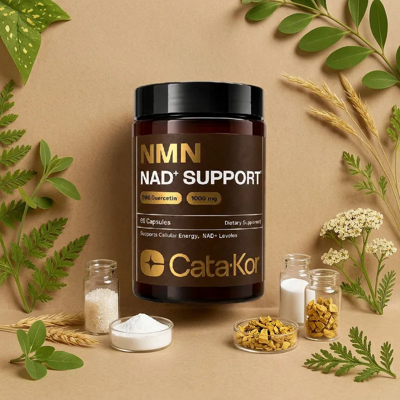Cápsulas de NMN con TMG con sus ingredientes naturales alrededor