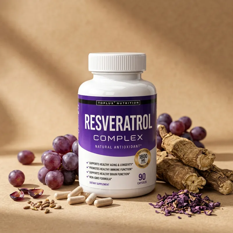 Cápsulas de resveratrol con sus ingredientes naturales alrededor