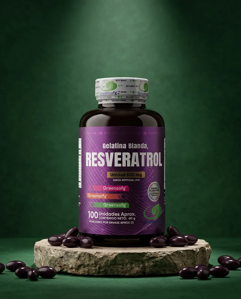 Cápsulas de resveratrol sobre una piedra en un estudio verde, con sus ingredientes