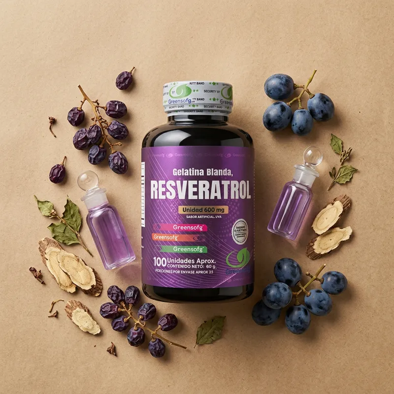 Cápsulas de resveratrol con sus ingredientes naturales alrededor