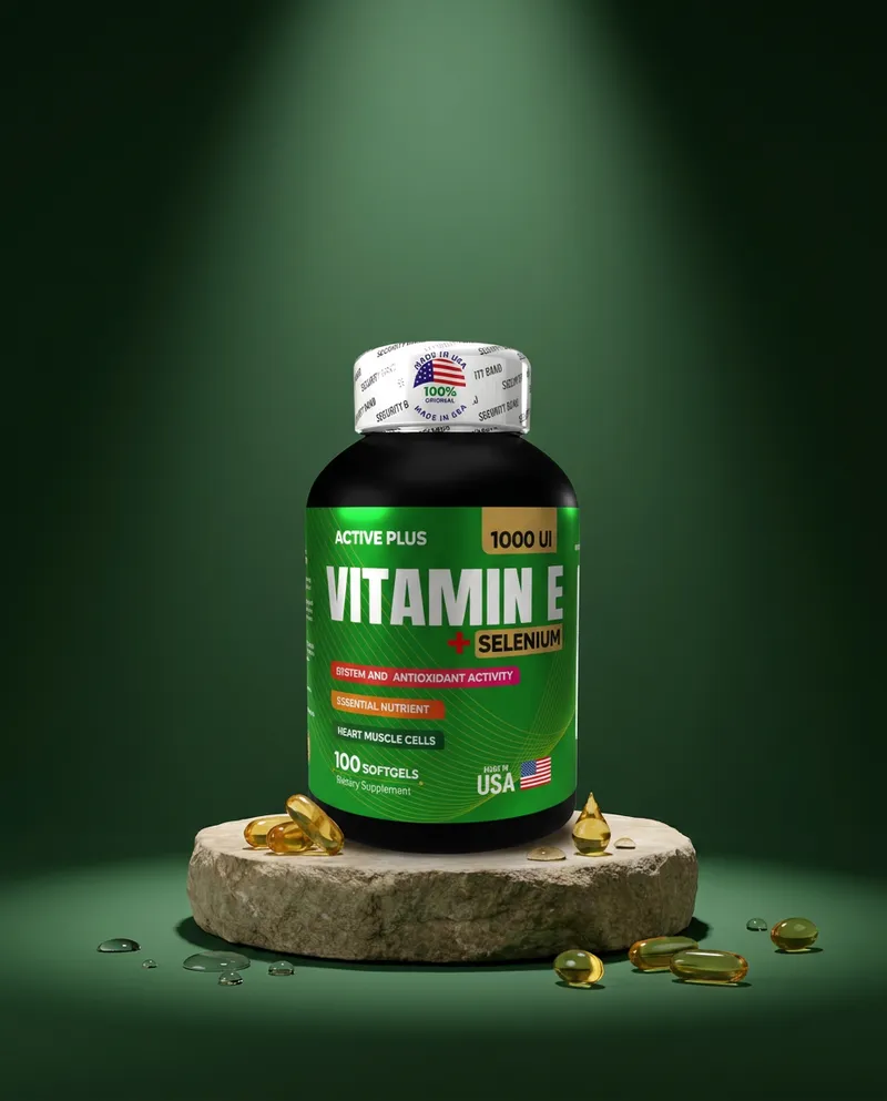 Cápsulas de vitamina E y selenio sobre una piedra en un estudio verde, con sus ingredientes