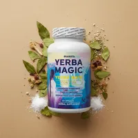 Cápsulas de yerba mate con sus ingredientes naturales alrededor