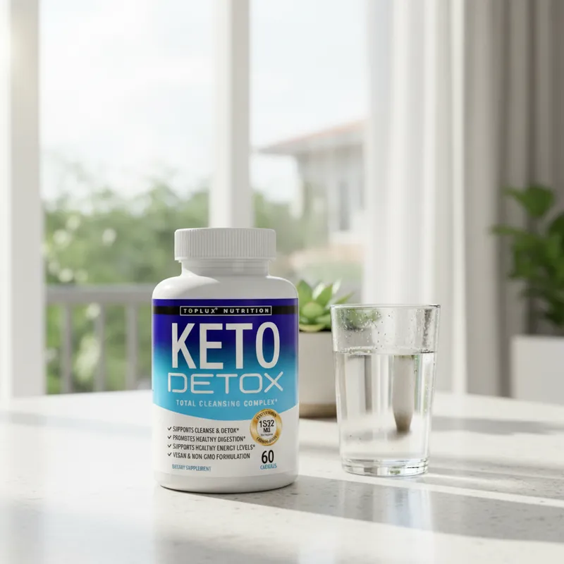Cápsulas keto detox en la cocina de una casa, junto a un vaso de agua