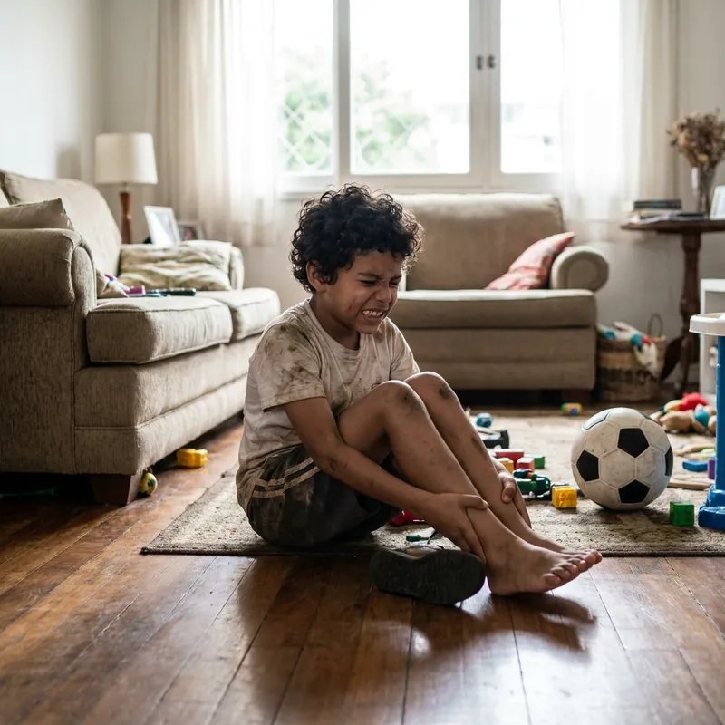 Un niño sentado en el suelo quejándose y sobándose las piernas después de jugar