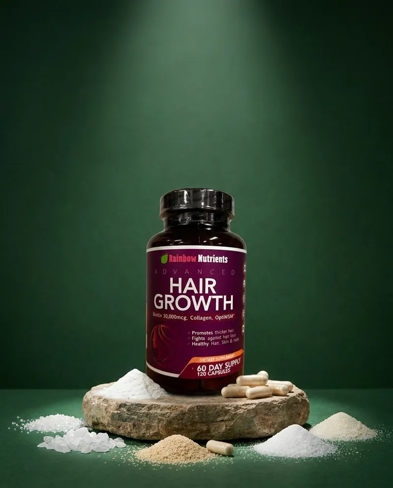 Cápsulas para el cabello sobre una piedra en un estudio verde, con sus ingredientes