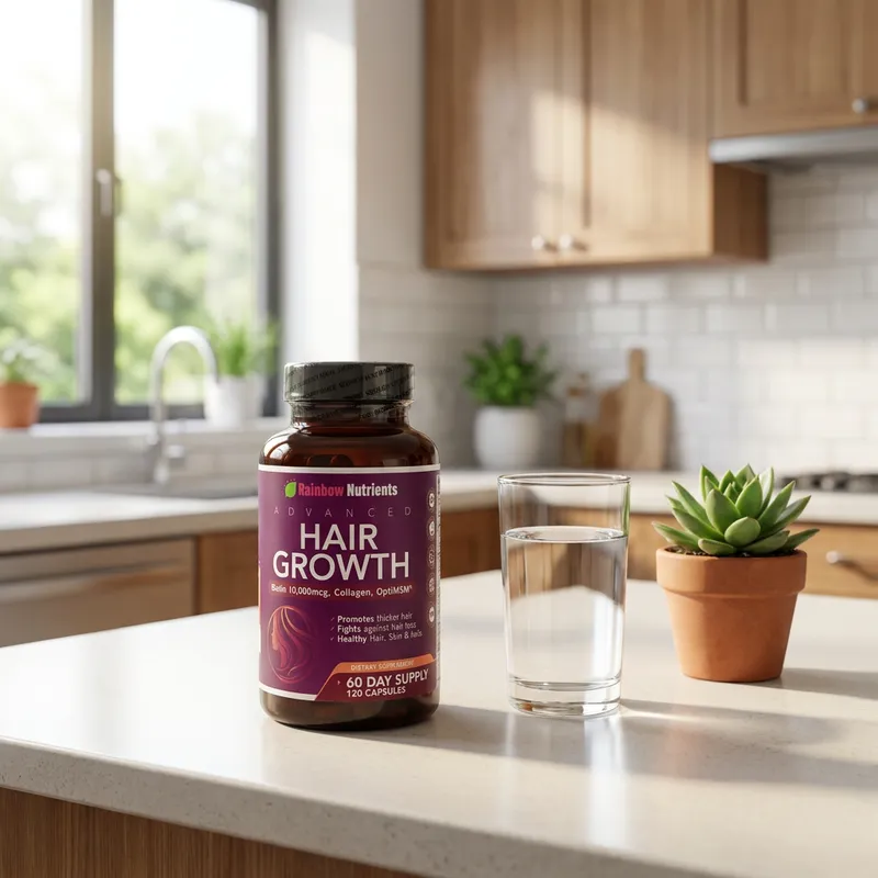 Cápsulas para el cabello en la cocina de una casa, junto a un vaso de agua