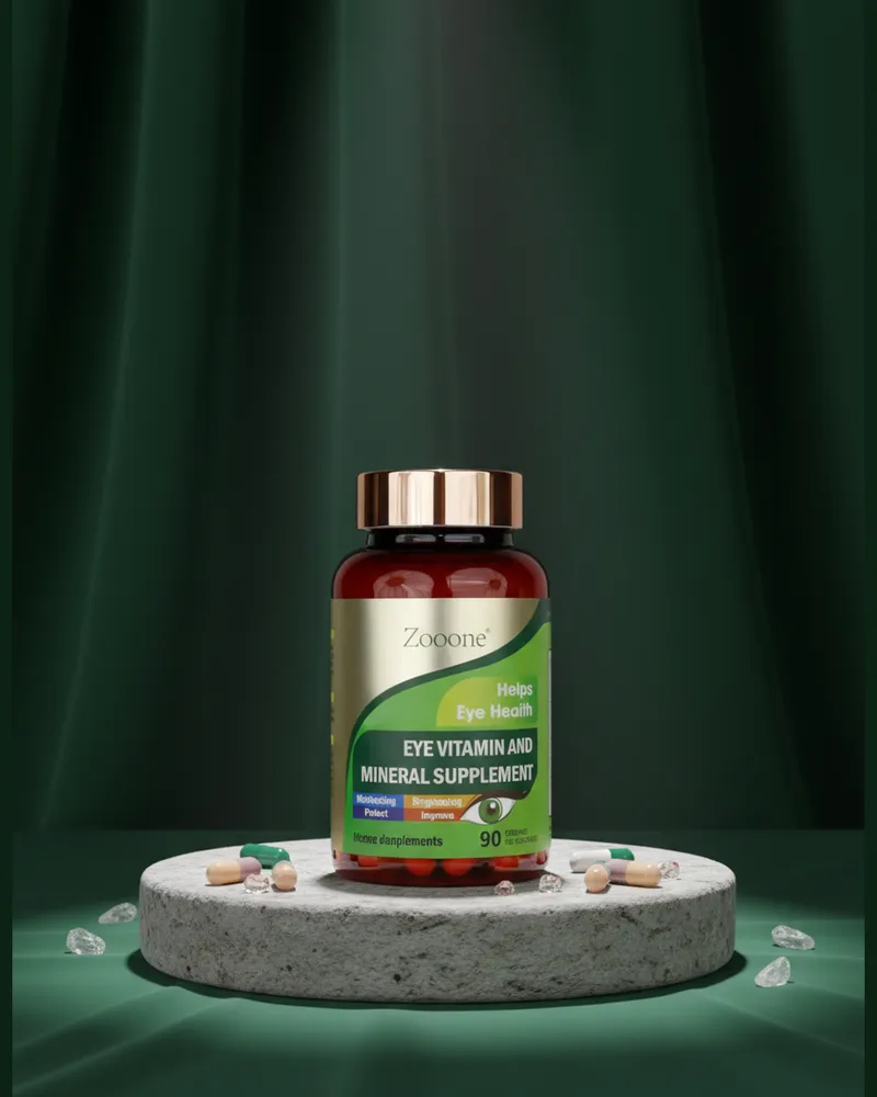 Cápsulas para la salud visual sobre una piedra en un estudio verde, con sus ingredientes