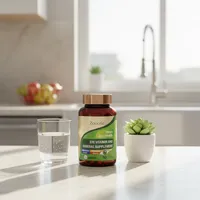 Cápsulas para la salud visual en la cocina de una casa, junto a un vaso de agua