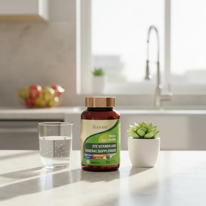 Cápsulas para la salud visual en la cocina de una casa, junto a un vaso de agua