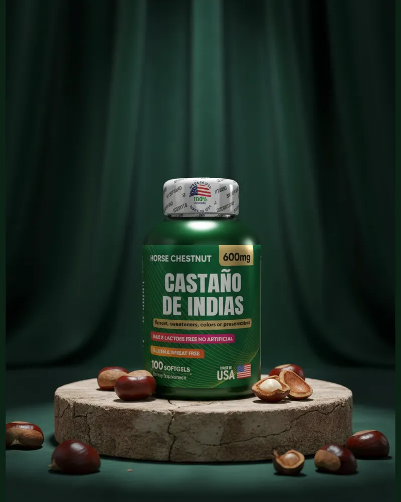 Castaño de indias en cápsulas sobre una piedra en un estudio verde, con sus ingredientes