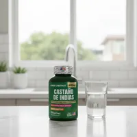 Castaño de indias en cápsulas en la cocina de una casa, junto a un vaso de agua