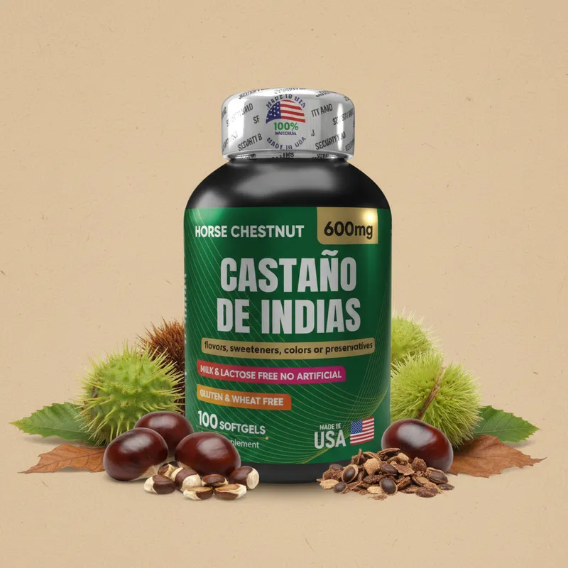 Castaño de indias en cápsulas con sus ingredientes naturales alrededor