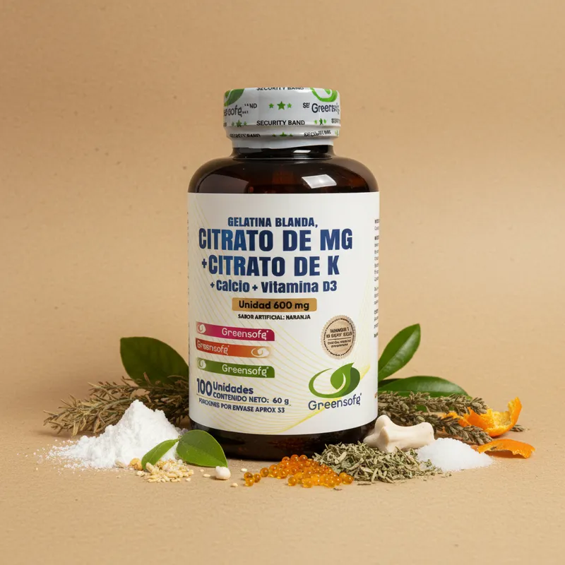 Citrato de magnesio y potasio con sus ingredientes naturales alrededor