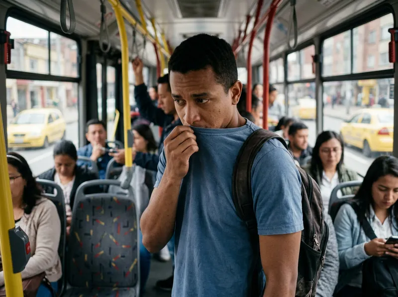 Un hombre joven colombiano de unos 25 años en el transporte público, oliendo discretamente su camiseta con expresión de preocupación y desagrado.