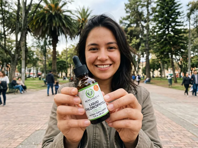Una joven colombiana de 24 años en un parque de Bogotá, sosteniendo el frasco de clorofila líquida, sonriendo a la cámara del celular.
