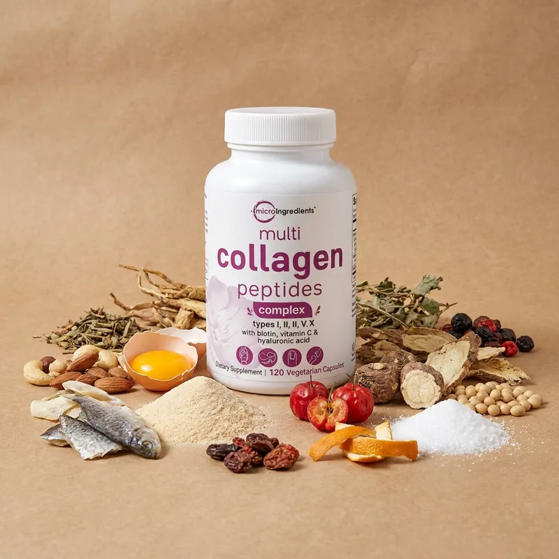Colágeno con biotina en cápsulas con sus ingredientes naturales alrededor
