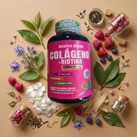 Colágeno con biotina en cápsulas con sus ingredientes naturales alrededor