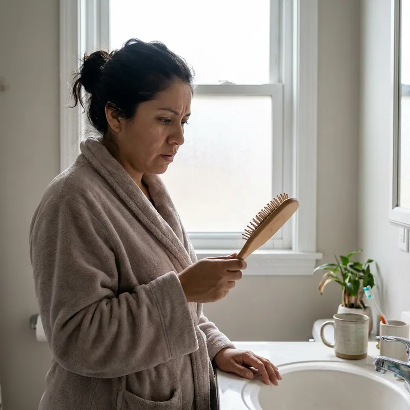 Una mujer colombiana preocupada mirando un cepillo de pelo con hebras caídas en su baño.