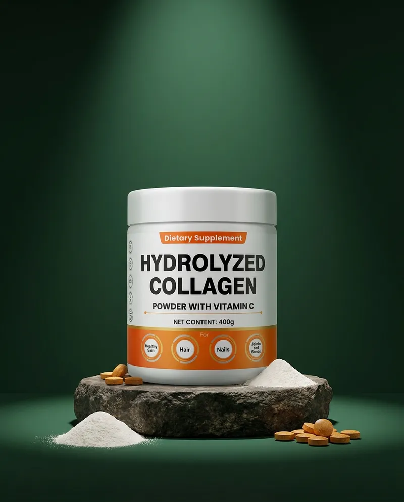 Colágeno hidrolizado en polvo sobre una piedra en un estudio verde, con sus ingredientes