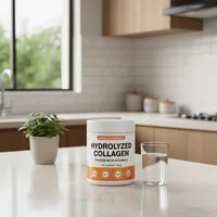 Colágeno hidrolizado en polvo en la cocina de una casa, junto a un vaso de agua