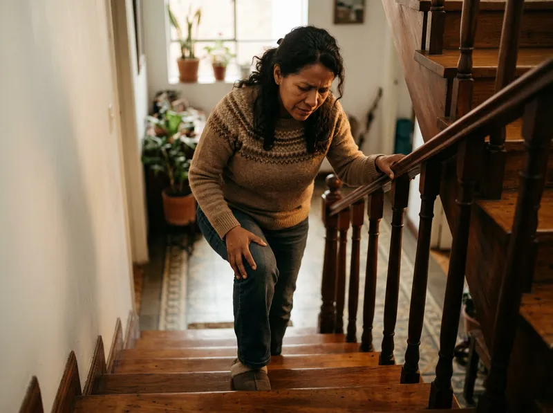 Mujer colombiana de unos 45 años con expresión de dolor al subir las escaleras de su casa en Bogotá.