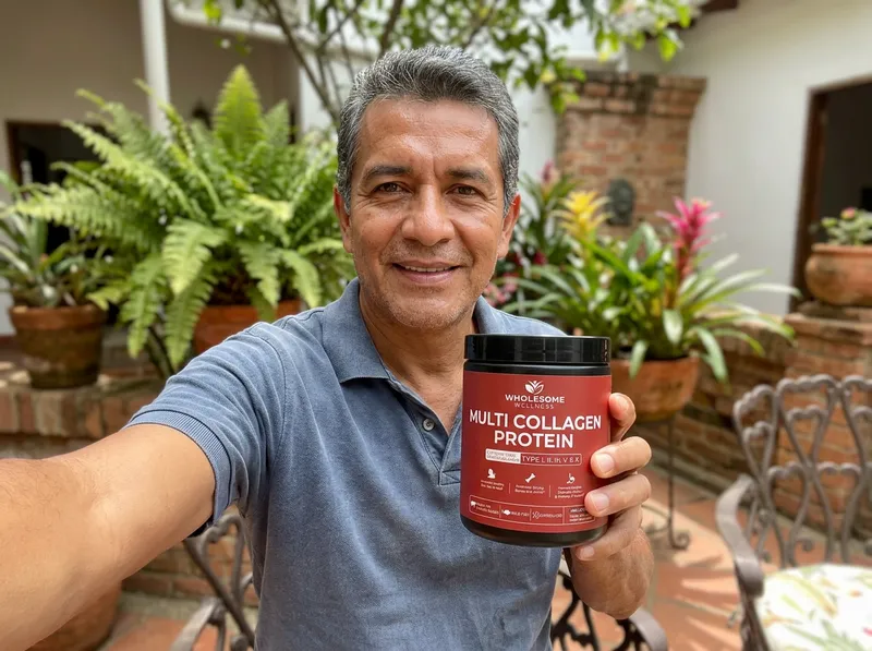 Hombre de 50 años sonriendo en el patio de su casa en Medellín, sosteniendo el tarro de colágeno.