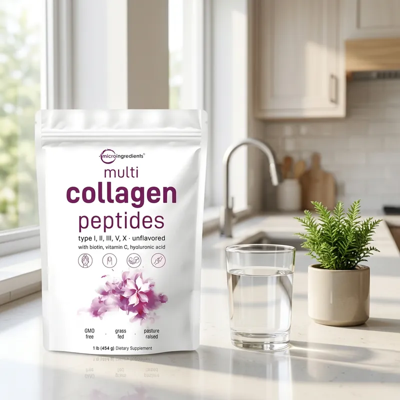 Colágeno múltiple en polvo en la cocina de una casa, junto a un vaso de agua