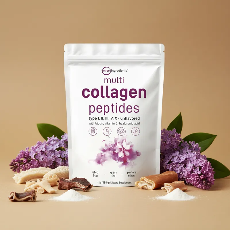 Colágeno múltiple en polvo con sus ingredientes naturales alrededor
