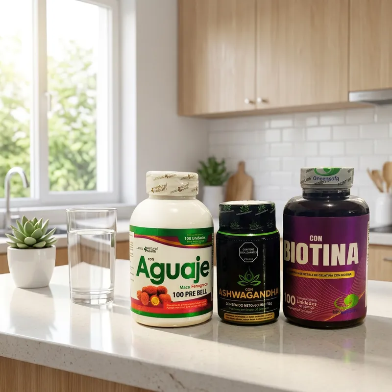 Combo aguaje y biotina en la cocina de una casa, junto a un vaso de agua