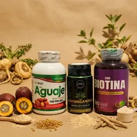 Combo aguaje y biotina con sus ingredientes naturales alrededor