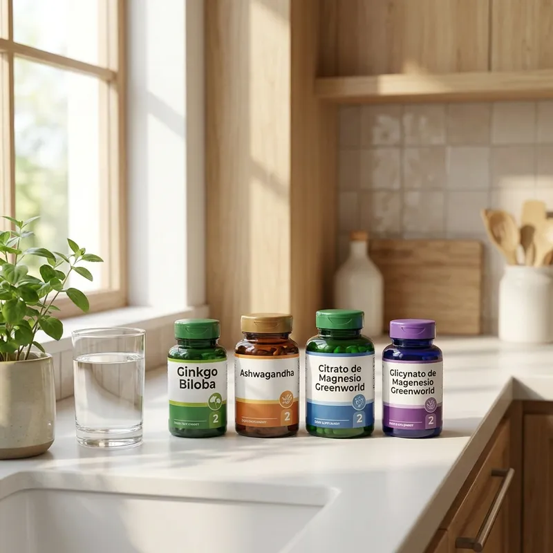 Combo de ginkgo y ashwagandha en la cocina de una casa, junto a un vaso de agua